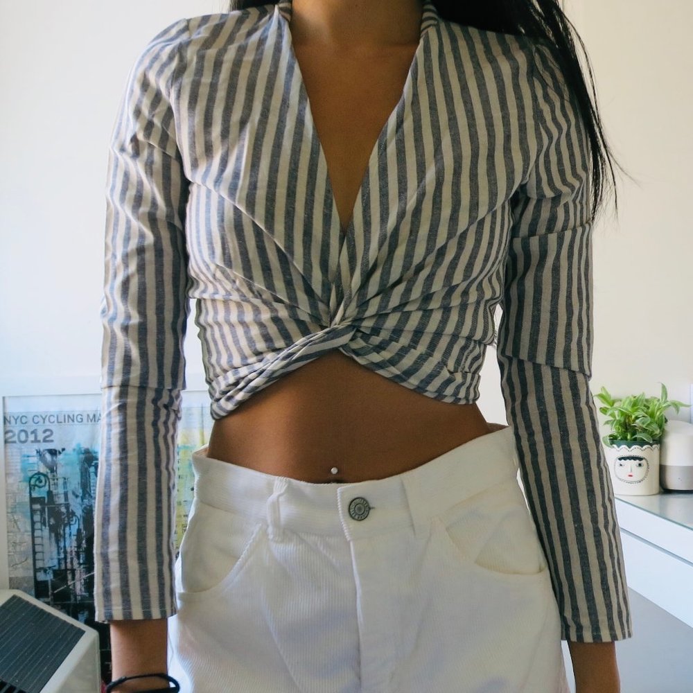 Linen Striped Wrap Top